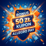 Kupon Allegro Pay 50 zł bonus – dynamiczna grafika promocyjna z motywem zakupowym