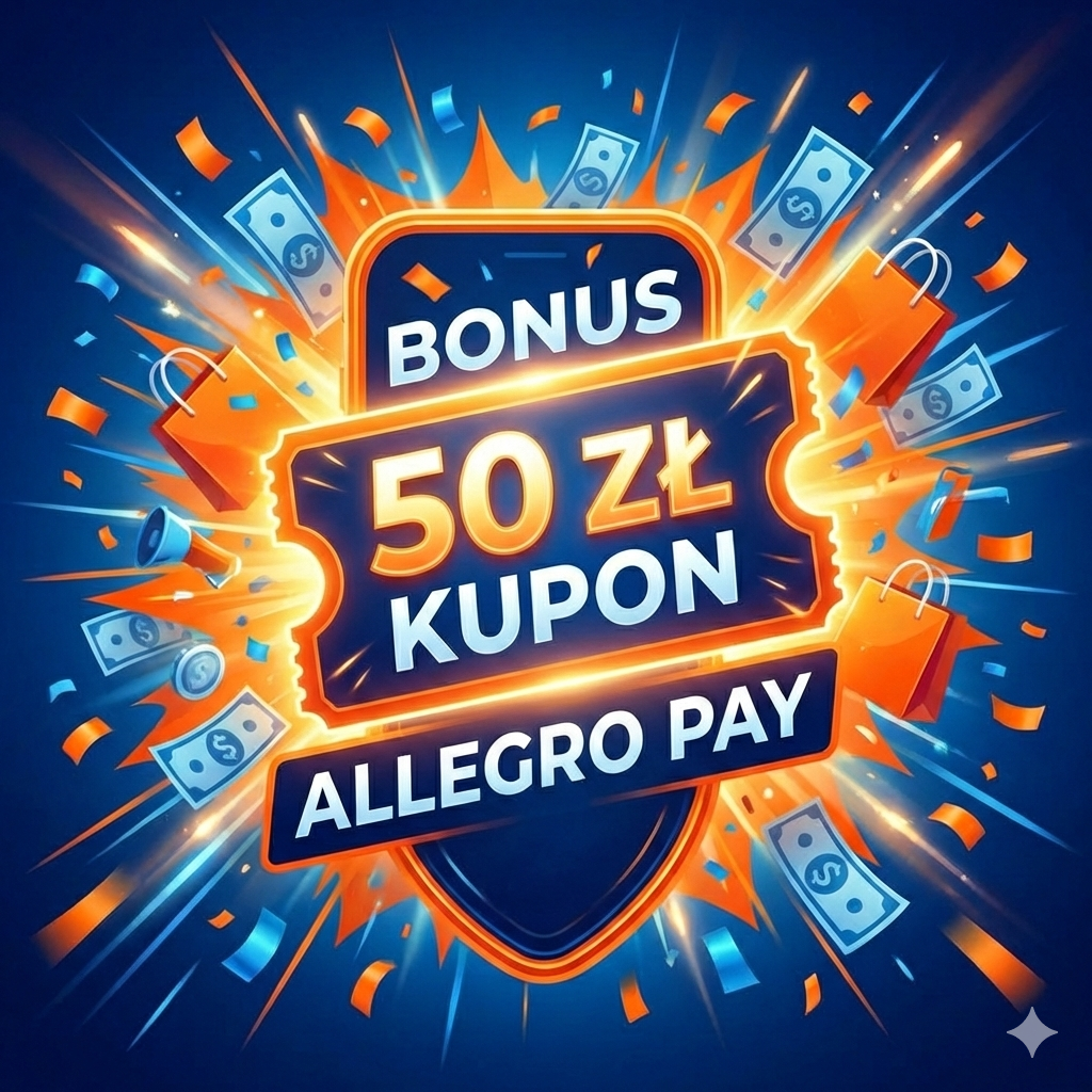 Kupon Allegro Pay 50 zł bonus – dynamiczna grafika promocyjna z motywem zakupowym