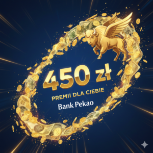 450 zł premii dla Ciebie od Banku Pekao – grafika promocyjna ze złotym żubrem i motywem pieniędzy.