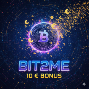 Giełda kryptowalut Bit2Me – bonus 10 euro na start, logo Bitcoin i symbole Euro na cyfrowym tle.