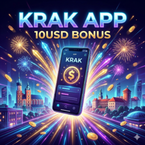 Promocja aplikacji KRAK APP z bonusem 10 USD na tle neonowej panoramy Krakowa z fajerwerkami.