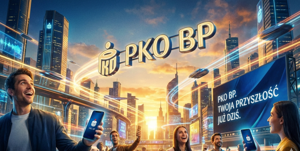 Grafika promocyjna PKO BP. promocja płacę i mam. . Uśmiechnięci ludzie trzymający smartfony z aplikacją banku na tle futurystycznego miasta o zachodzie słońca. Nad nimi unosi się wielkie, świecące logo PKO BP, a na billboardzie widnieje napis: „PKO BP. TWOJA PRZYSZŁOŚĆ JUŻ DZIŚ.