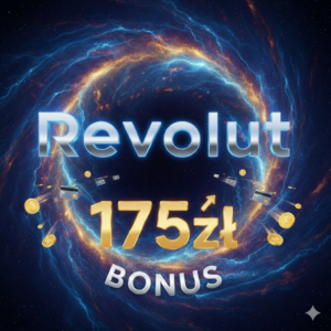 Grafika promocyjna Revolut z bonusem 175 zł, srebrny napis Revolut i złota kwota 175zł na dynamicznym, kosmicznym tle z monetami i kartami.