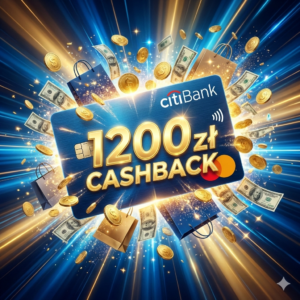 Karta kredytowa CitiBank z ofertą 1200 zł cashback na tle dynamicznych złotych monet i toreb zakupowych.