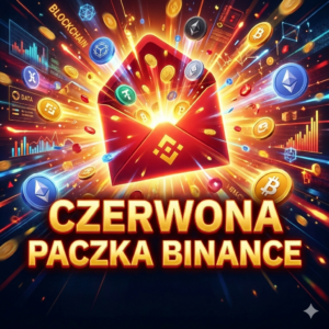 Dynamiczna grafika Czerwona Paczka Binance z ikonami kryptowalut Bitcoin i Ethereum na ognistym tle.