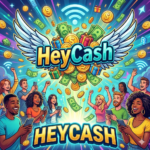 Grafika promocyjna HeyCash – panel ankietowy i płatne ankiety online. Ilustracja przedstawia zadowolonych ludzi ze smartfonami, monety i nagrody, promując zarabianie przez internet.