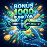 InternetowyKantor.pl bonus 1000 punktów – dynamiczna grafika reklamowa z monetami i smartfonem w nowoczesnym stylu.