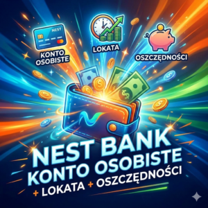 Nest Bank: Konto osobiste, lokata i konto oszczędnościowe – dynamiczna grafika promocyjna z ikonami finansowymi.