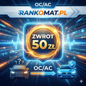 Reklama Rankomat.pl: Porównywarka ubezpieczeń OC/AC z bonusem 50 zł zwrotu. Dynamiczna grafika promocyjna prezentująca tanie ubezpieczenie samochodu.