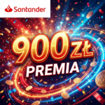 Dynamiczna grafika promocyjna Santander Bank Polska z napisem "900 zł PREMIA" na tle złotych monet, kolorowego konfetti i świetlistych refleksów.