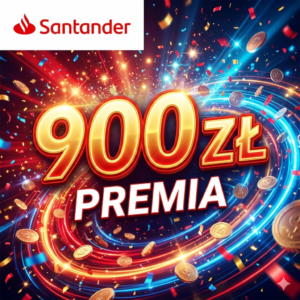 Dynamiczna grafika promocyjna Santander Bank Polska z napisem "900 zł PREMIA" na tle złotych monet, kolorowego konfetti i świetlistych refleksów.