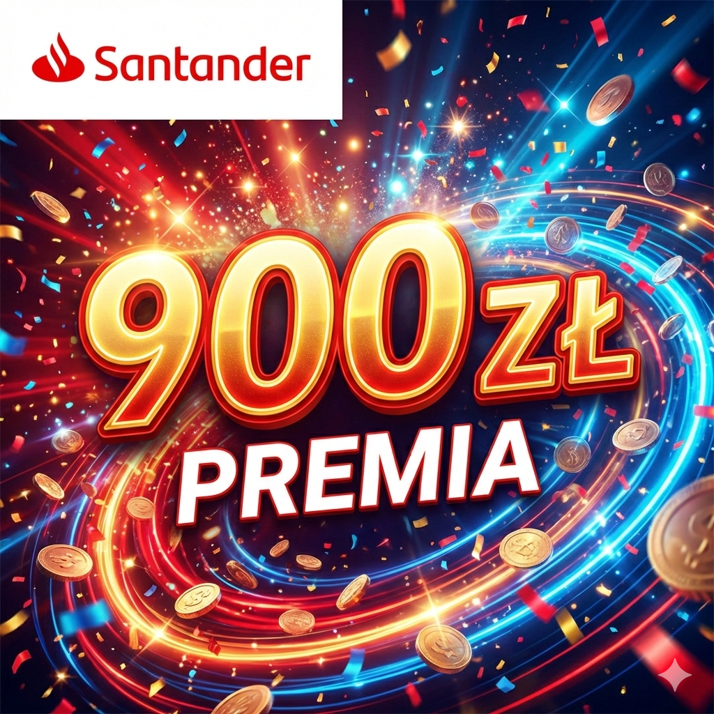 Dynamiczna grafika promocyjna Santander Bank Polska z napisem "900 zł PREMIA" na tle złotych monet, kolorowego konfetti i świetlistych refleksów.