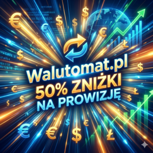 Dynamiczna grafika promocyjna Walutomat.pl z napisem 50% zniżki na prowizję, symbolami walut i wykresami giełdowymi.