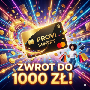 Karta kredytowa Provi Sm@rt – promocja zwrot do 1000 zł za zakupy, dynamiczna grafika z monetami.