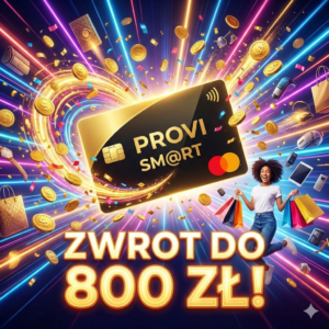 Karta kredytowa Provi Sm@rt – promocja zwrot do 800 zł za zakupy, dynamiczna grafika z monetami.
