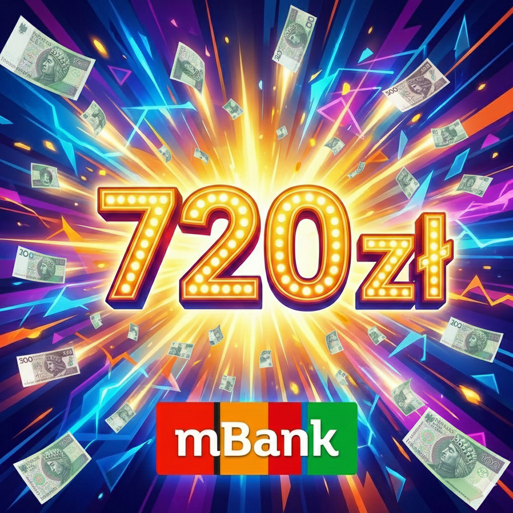 Promocja mBank z premią 720 zł. Energetyczna grafika z logo mBank, dużym napisem 720 zł i polskimi banknotami 100 oraz 500 PLN unoszącymi się na dynamicznym, kolorowym tle.
