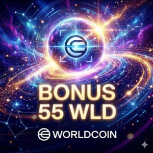 Futurystyczna grafika promocyjna Worldcoin z napisem Bonus 55 WLD na tle kosmicznego orba i cyfrowych konstelacji.